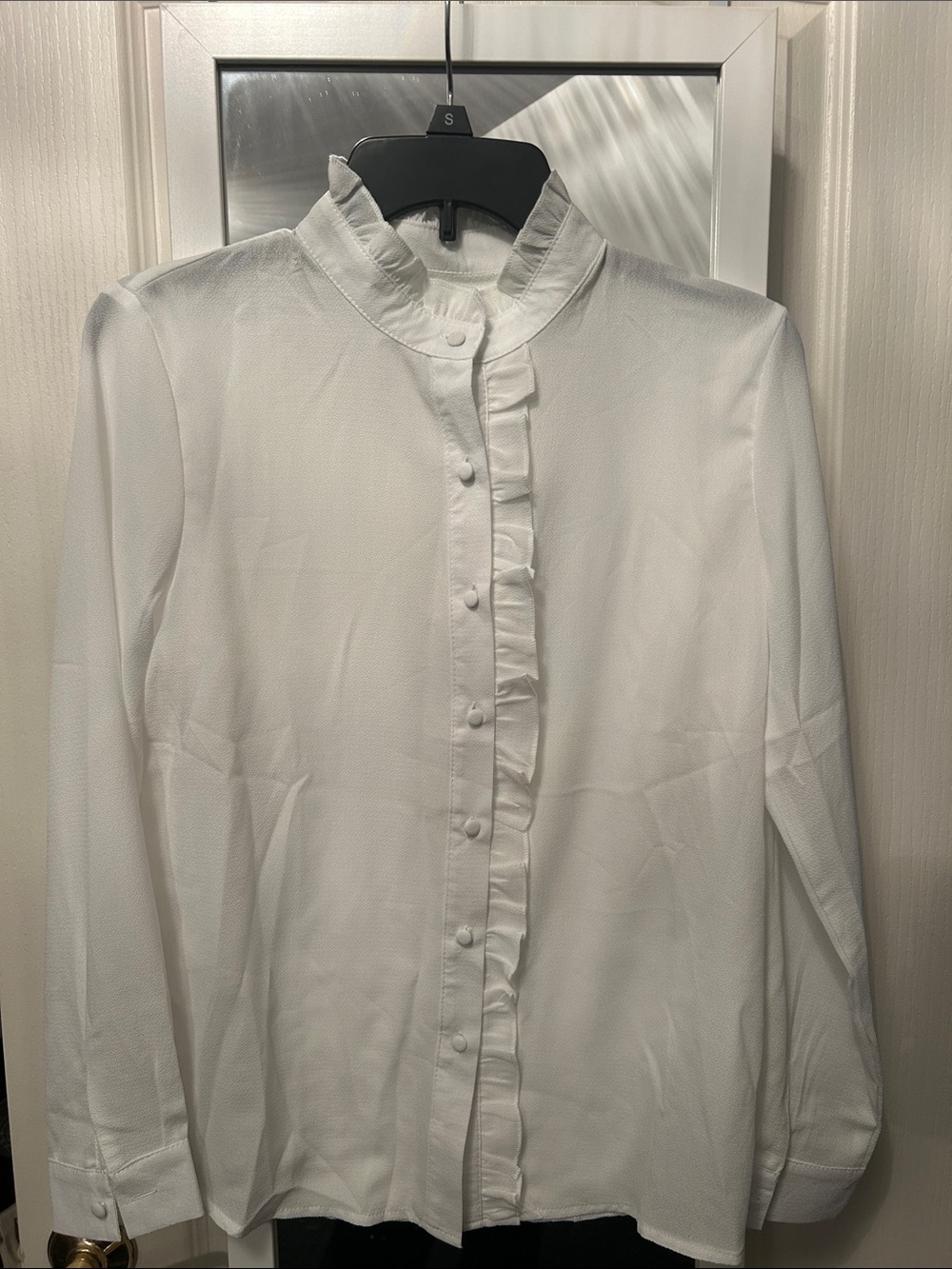 White Ruffle Front Button-Up Blouse